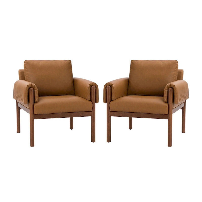 PU Leather Accent Armchair with Solid Walnut Wood Frame and Removable Cushion
