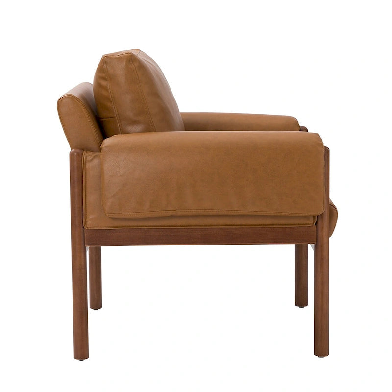 PU Leather Accent Armchair with Solid Walnut Wood Frame and Removable Cushion