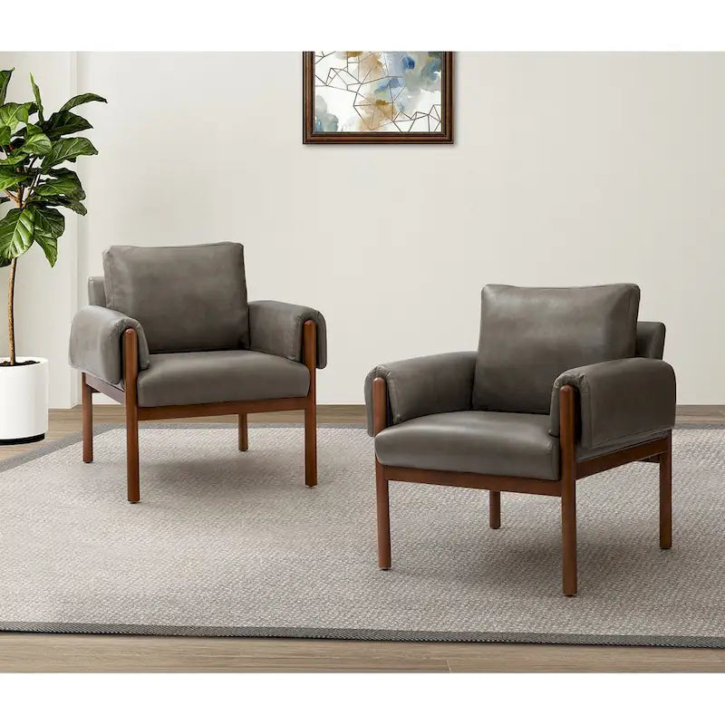 PU Leather Accent Armchair with Solid Walnut Wood Frame and Removable Cushion