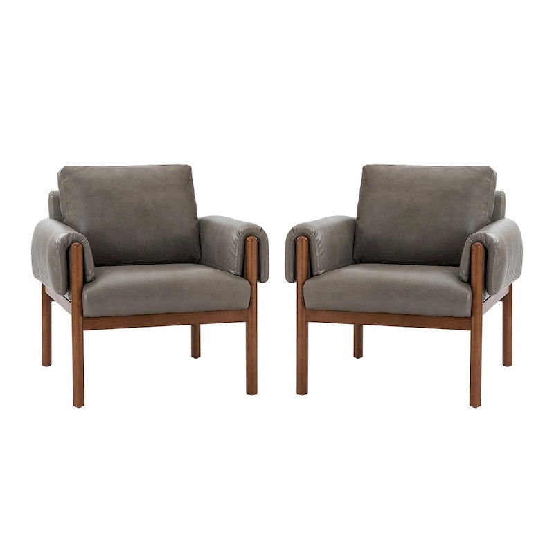 PU Leather Accent Armchair with Solid Walnut Wood Frame and Removable Cushion