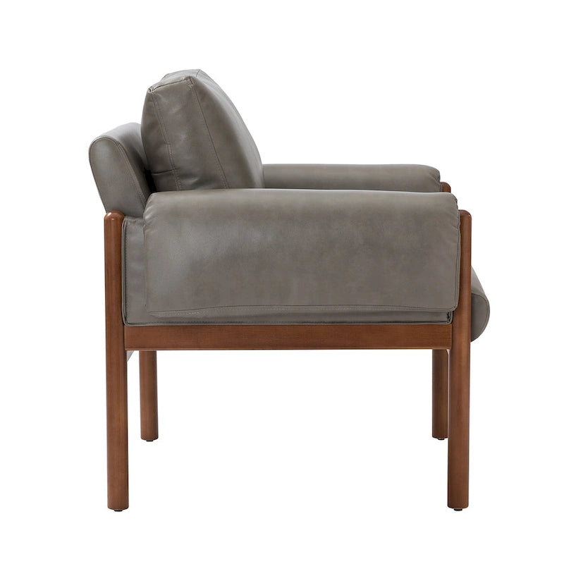 PU Leather Accent Armchair with Solid Walnut Wood Frame and Removable Cushion