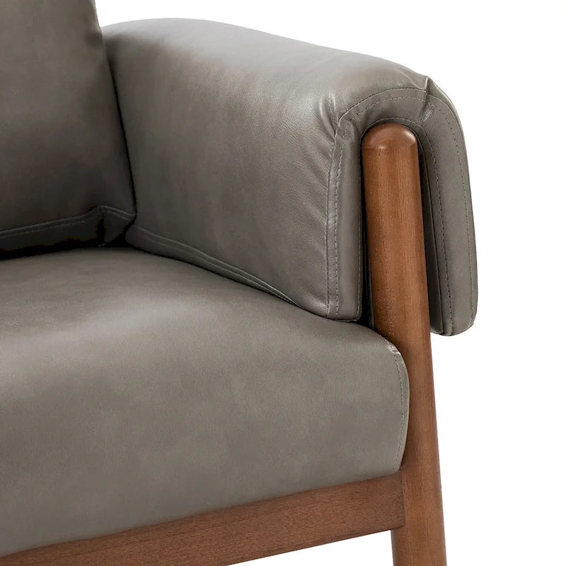 PU Leather Accent Armchair with Solid Walnut Wood Frame and Removable Cushion
