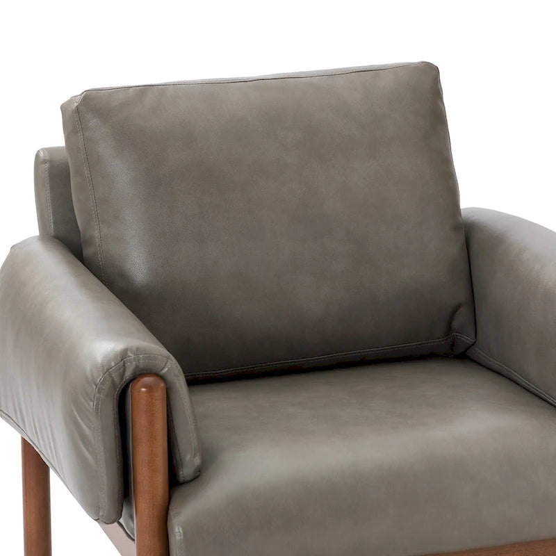 PU Leather Accent Armchair with Solid Walnut Wood Frame and Removable Cushion