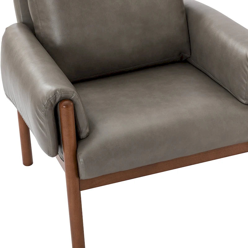 PU Leather Accent Armchair with Solid Walnut Wood Frame and Removable Cushion
