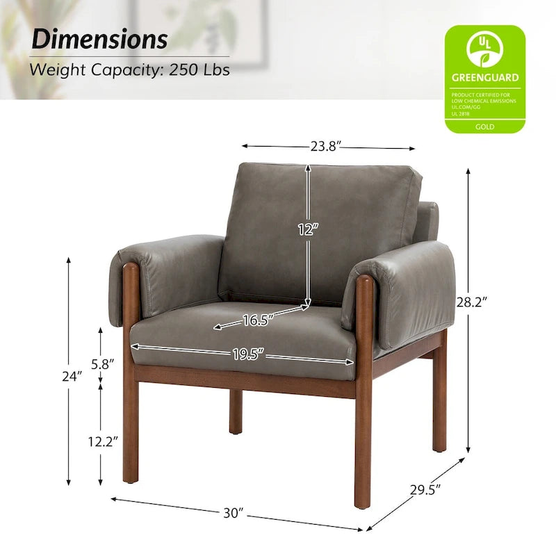 PU Leather Accent Armchair with Solid Walnut Wood Frame and Removable Cushion