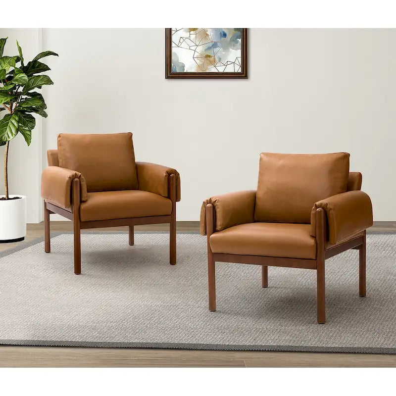 PU Leather Accent Armchair with Solid Walnut Wood Frame and Removable Cushion