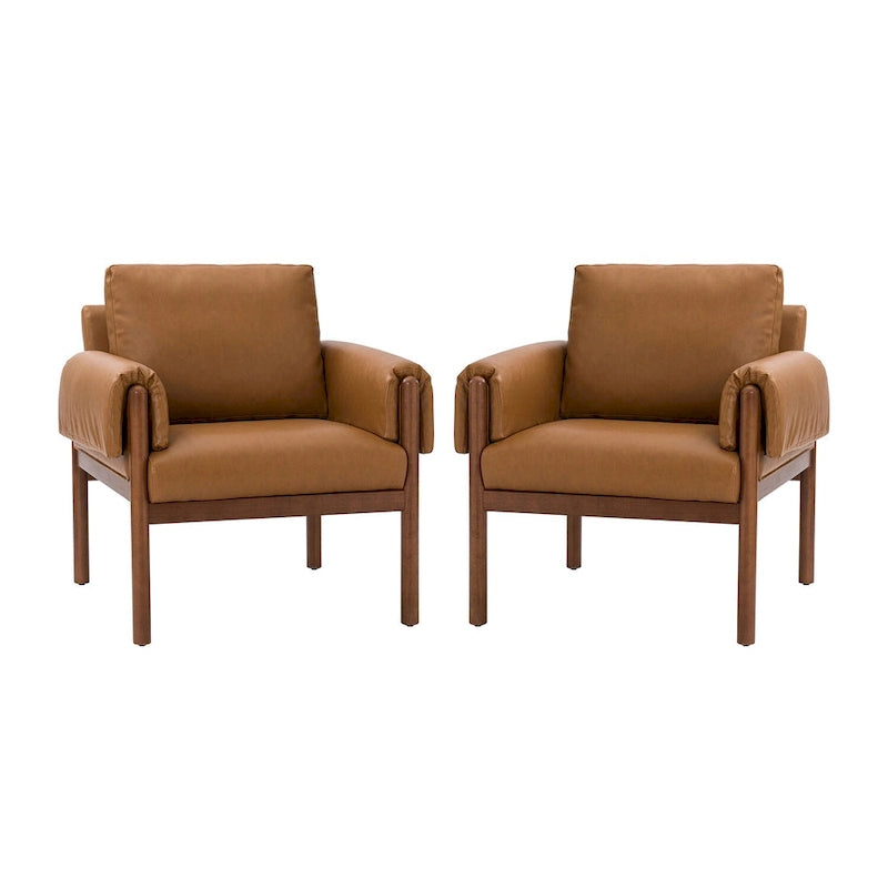 PU Leather Accent Armchair with Solid Walnut Wood Frame and Removable Cushion