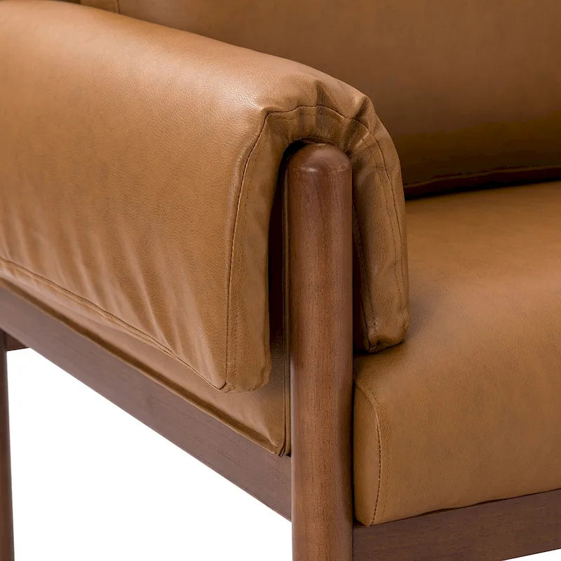 PU Leather Accent Armchair with Solid Walnut Wood Frame and Removable Cushion