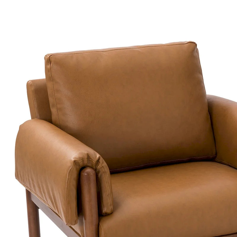 PU Leather Accent Armchair with Solid Walnut Wood Frame and Removable Cushion