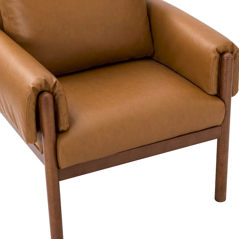 PU Leather Accent Armchair with Solid Walnut Wood Frame and Removable Cushion