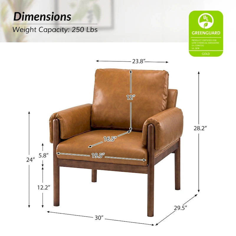 PU Leather Accent Armchair with Solid Walnut Wood Frame and Removable Cushion