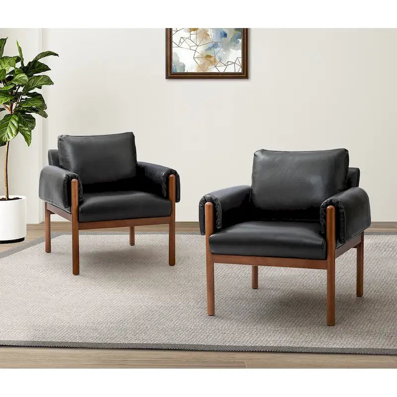 PU Leather Accent Armchair with Solid Walnut Wood Frame and Removable Cushion