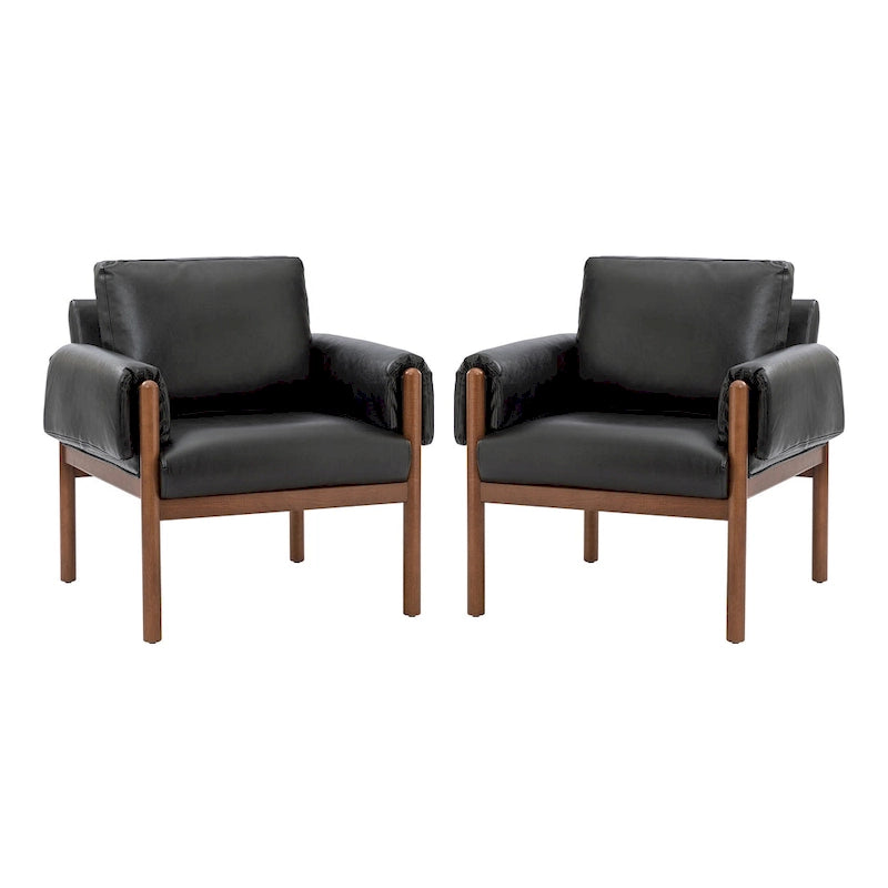 PU Leather Accent Armchair with Solid Walnut Wood Frame and Removable Cushion