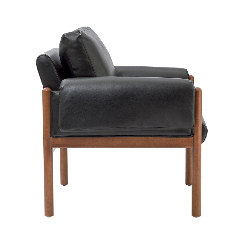 PU Leather Accent Armchair with Solid Walnut Wood Frame and Removable Cushion