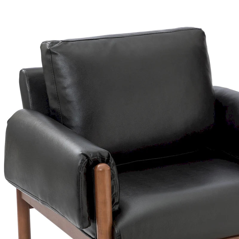 PU Leather Accent Armchair with Solid Walnut Wood Frame and Removable Cushion