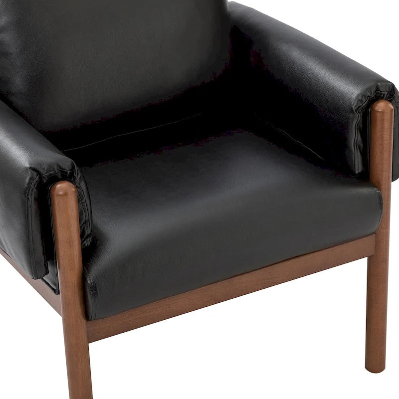 PU Leather Accent Armchair with Solid Walnut Wood Frame and Removable Cushion