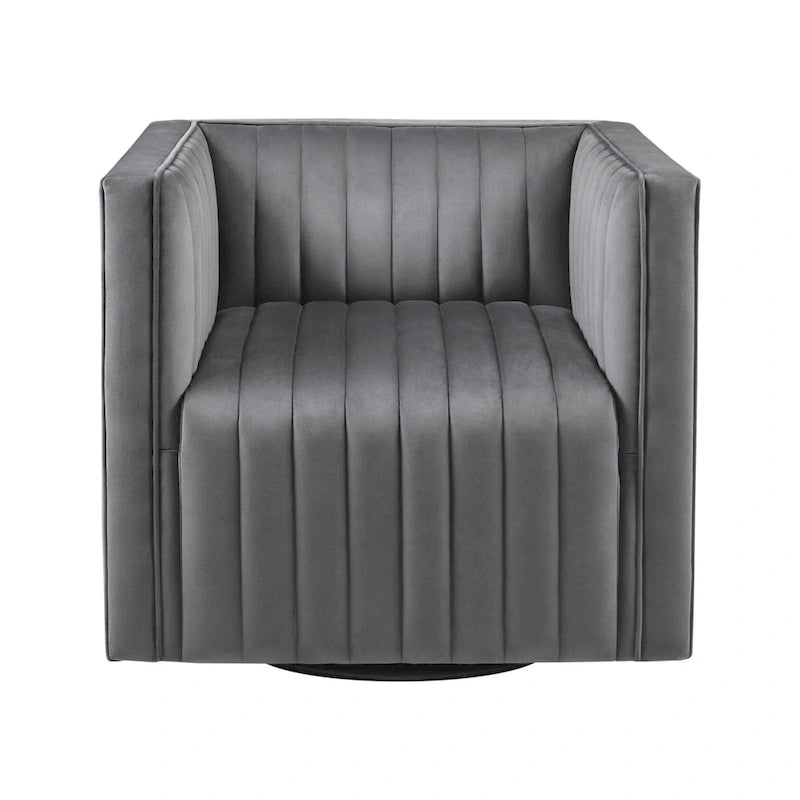Channel Tufted Velvet Swivel Armchair with Track Arms and French Piping in Gray