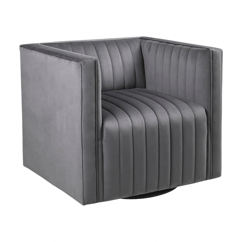 Channel Tufted Velvet Swivel Armchair with Track Arms and French Piping in Gray
