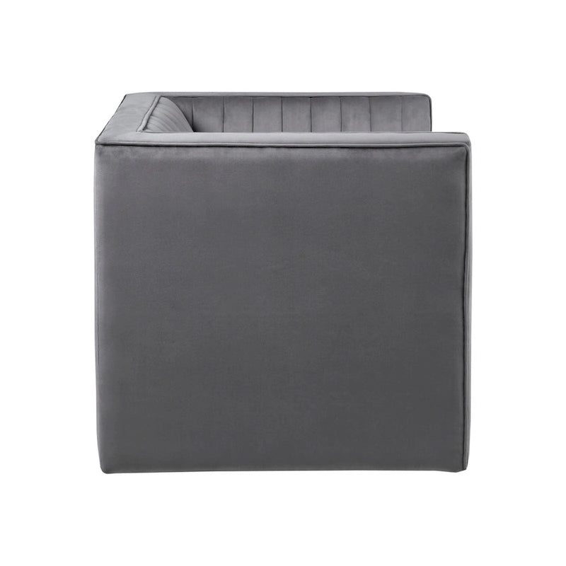 Channel Tufted Velvet Swivel Armchair with Track Arms and French Piping in Gray