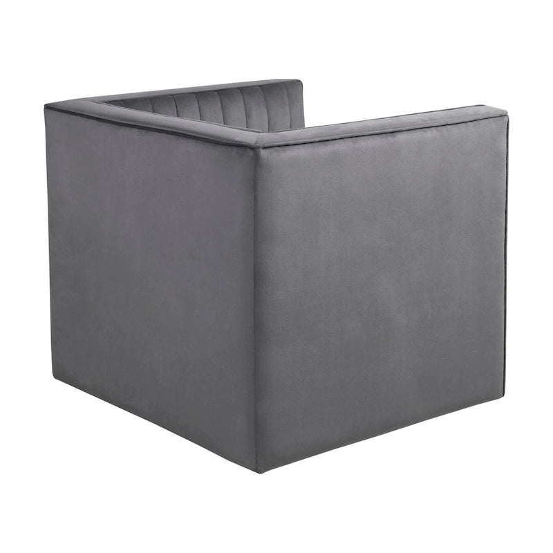 Channel Tufted Velvet Swivel Armchair with Track Arms and French Piping in Gray