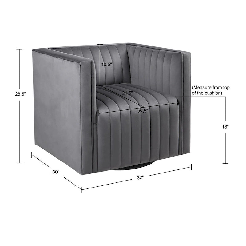 Channel Tufted Velvet Swivel Armchair with Track Arms and French Piping in Gray