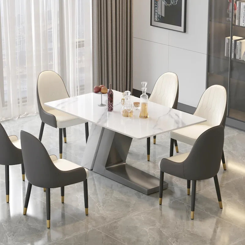 Rectangular Sintered Stone Dining Table with V-Shape Metal Base in White Available in 63 71 and 79 Inch