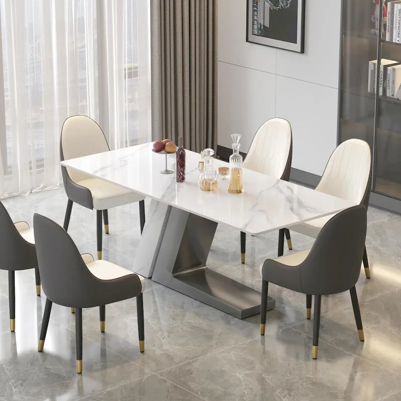 Rectangular Sintered Stone Dining Table with V-Shape Metal Base in White Available in 63 71 and 79 Inch