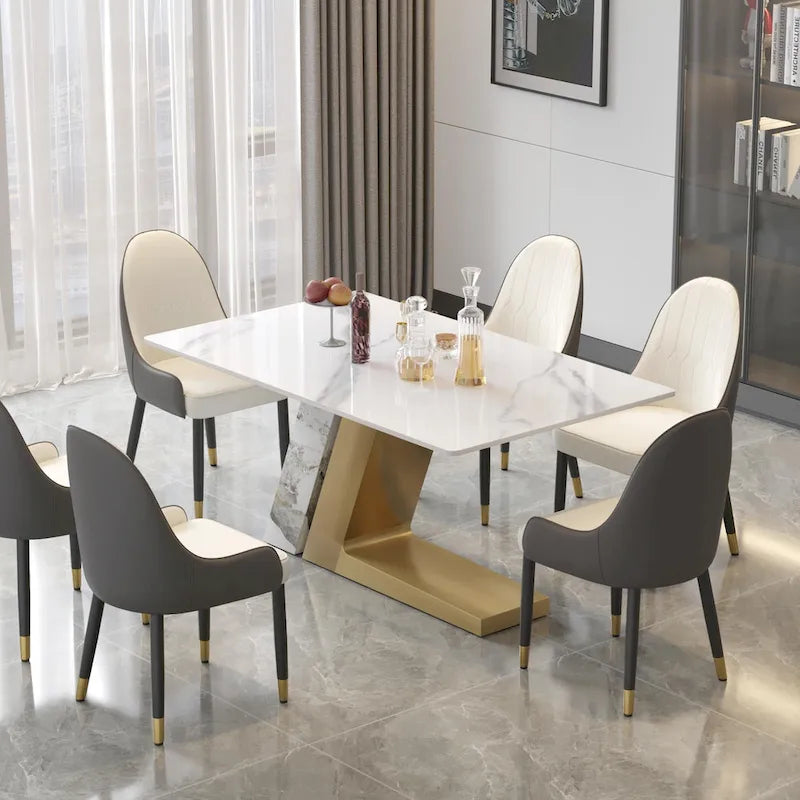 Rectangular Sintered Stone Dining Table with V-Shape Metal Base in White Available in 63 71 and 79 Inch