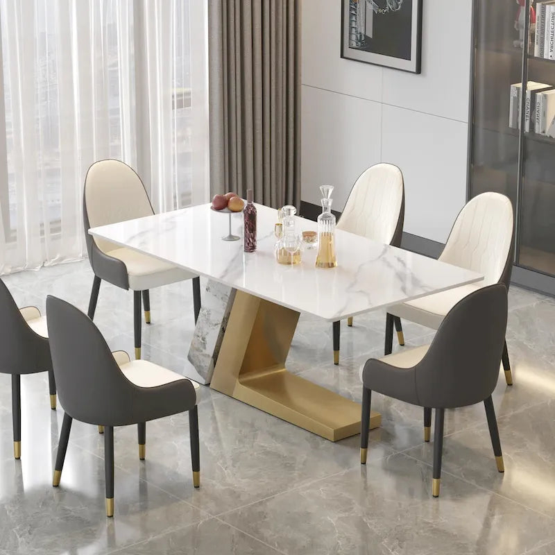 Rectangular Sintered Stone Dining Table with V-Shape Metal Base in White Available in 63 71 and 79 Inch