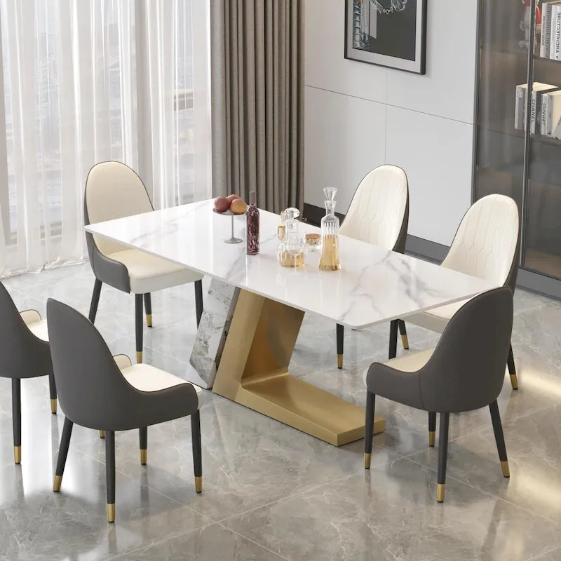 Rectangular Sintered Stone Dining Table with V-Shape Metal Base in White Available in 63 71 and 79 Inch