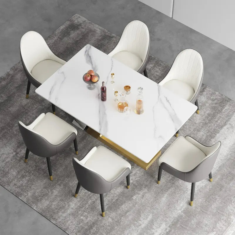 Rectangular Sintered Stone Dining Table with V-Shape Metal Base in White Available in 63 71 and 79 Inch
