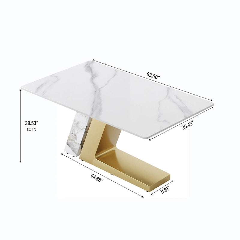 Rectangular Sintered Stone Dining Table with V-Shape Metal Base in White Available in 63 71 and 79 Inch