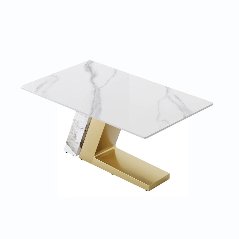 Rectangular Sintered Stone Dining Table with V-Shape Metal Base in White Available in 63 71 and 79 Inch