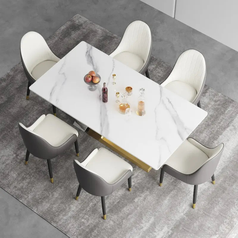 Rectangular Sintered Stone Dining Table with V-Shape Metal Base in White Available in 63 71 and 79 Inch