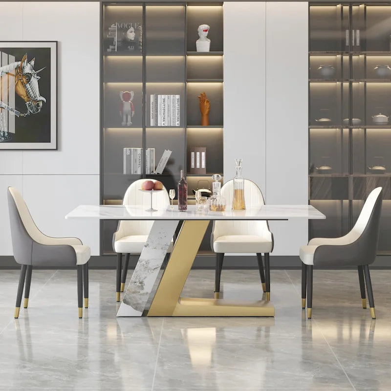 Rectangular Sintered Stone Dining Table with V-Shape Metal Base in White Available in 63 71 and 79 Inch