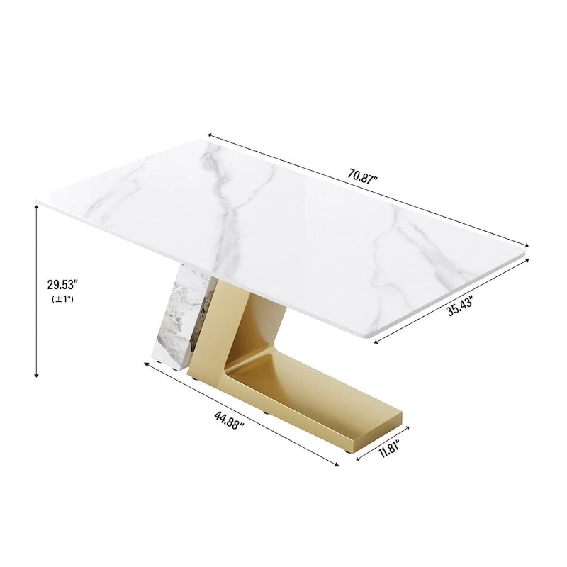 Rectangular Sintered Stone Dining Table with V-Shape Metal Base in White Available in 63 71 and 79 Inch