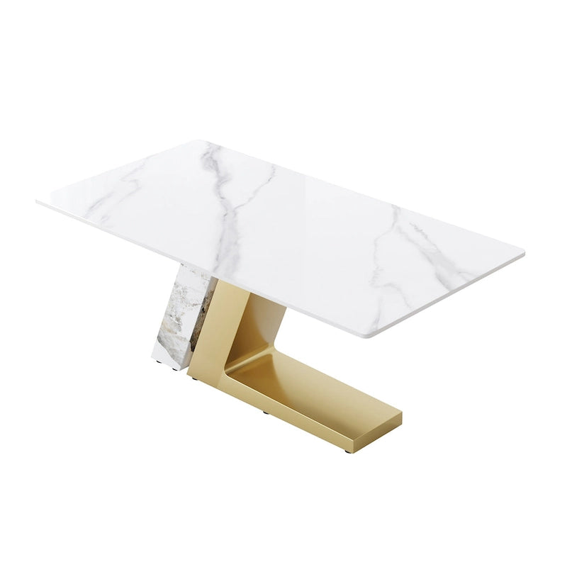 Rectangular Sintered Stone Dining Table with V-Shape Metal Base in White Available in 63 71 and 79 Inch