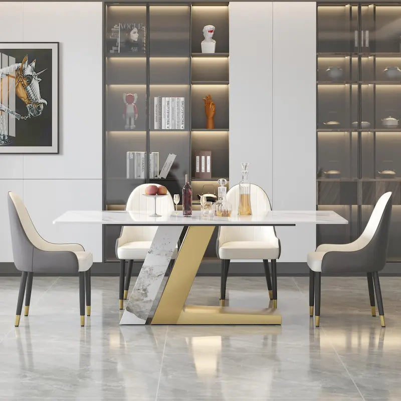 Rectangular Sintered Stone Dining Table with V-Shape Metal Base in White Available in 63 71 and 79 Inch