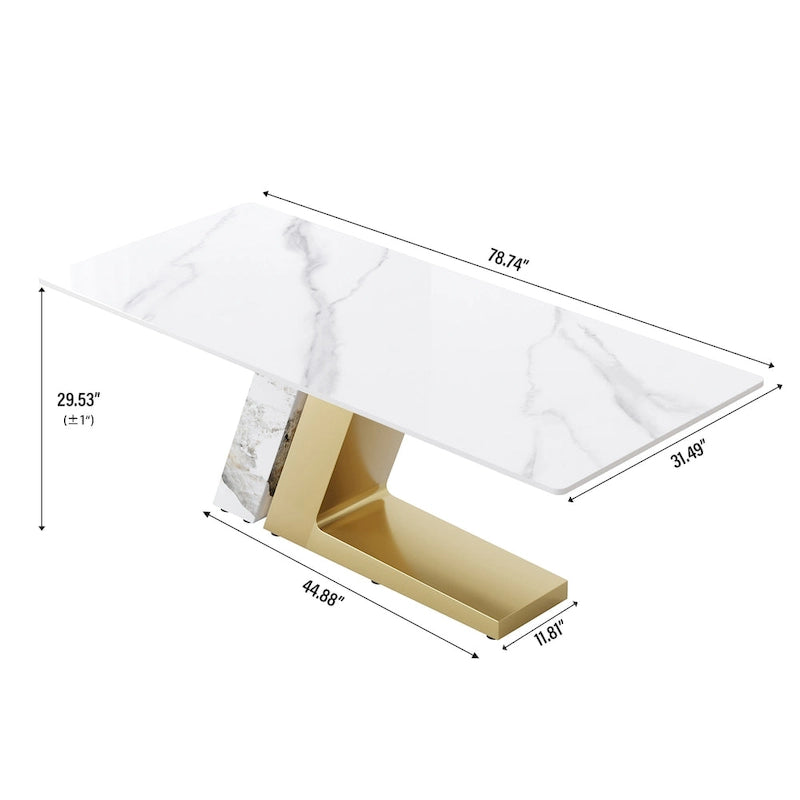 Rectangular Sintered Stone Dining Table with V-Shape Metal Base in White Available in 63 71 and 79 Inch