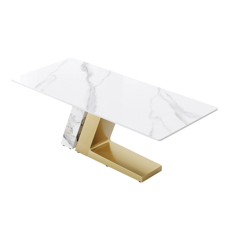 Rectangular Sintered Stone Dining Table with V-Shape Metal Base in White Available in 63 71 and 79 Inch
