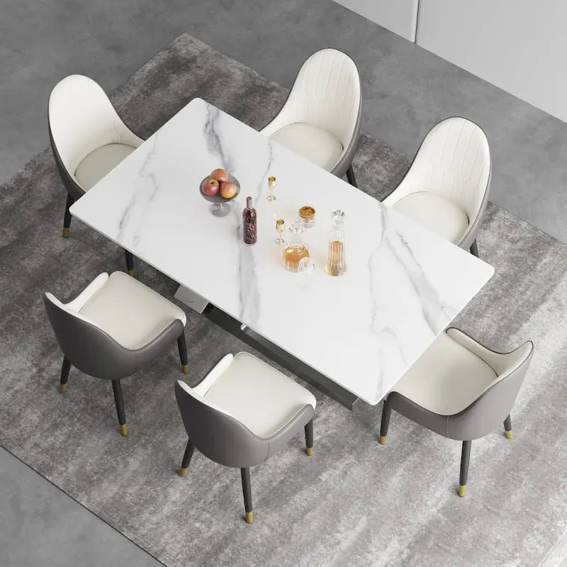 Rectangular Sintered Stone Dining Table with V-Shape Metal Base in White Available in 63 71 and 79 Inch