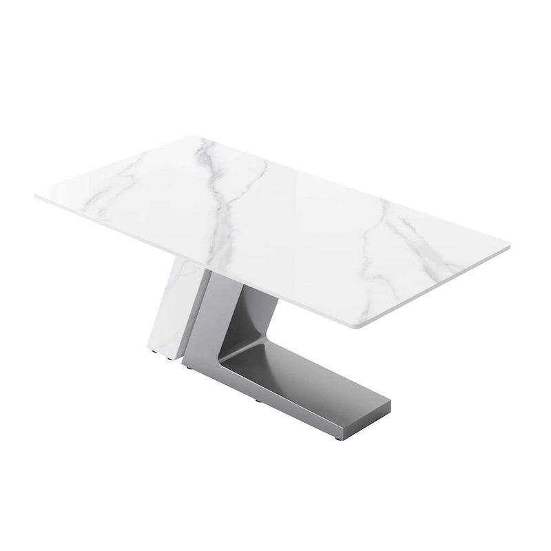 Rectangular Sintered Stone Dining Table with V-Shape Metal Base in White Available in 63 71 and 79 Inch