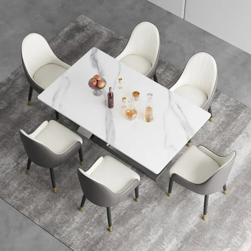 Rectangular Sintered Stone Dining Table with V-Shape Metal Base in White Available in 63 71 and 79 Inch