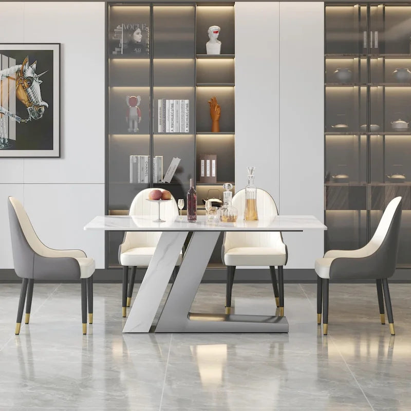 Rectangular Sintered Stone Dining Table with V-Shape Metal Base in White Available in 63 71 and 79 Inch