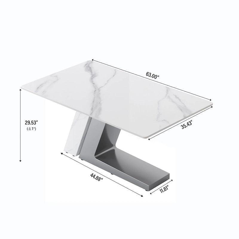 Rectangular Sintered Stone Dining Table with V-Shape Metal Base in White Available in 63 71 and 79 Inch