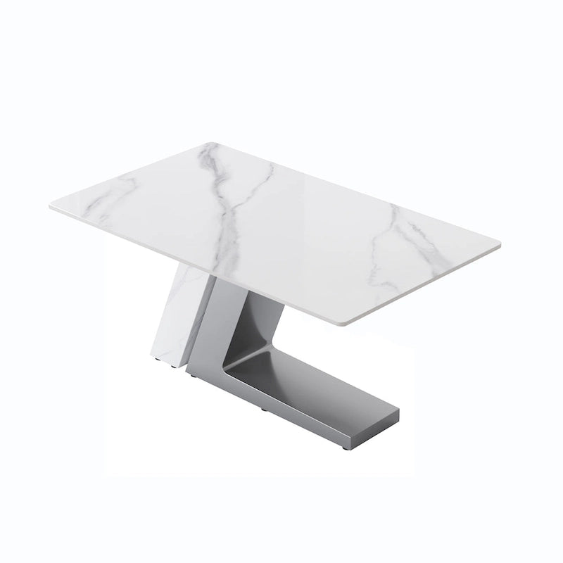 Rectangular Sintered Stone Dining Table with V-Shape Metal Base in White Available in 63 71 and 79 Inch