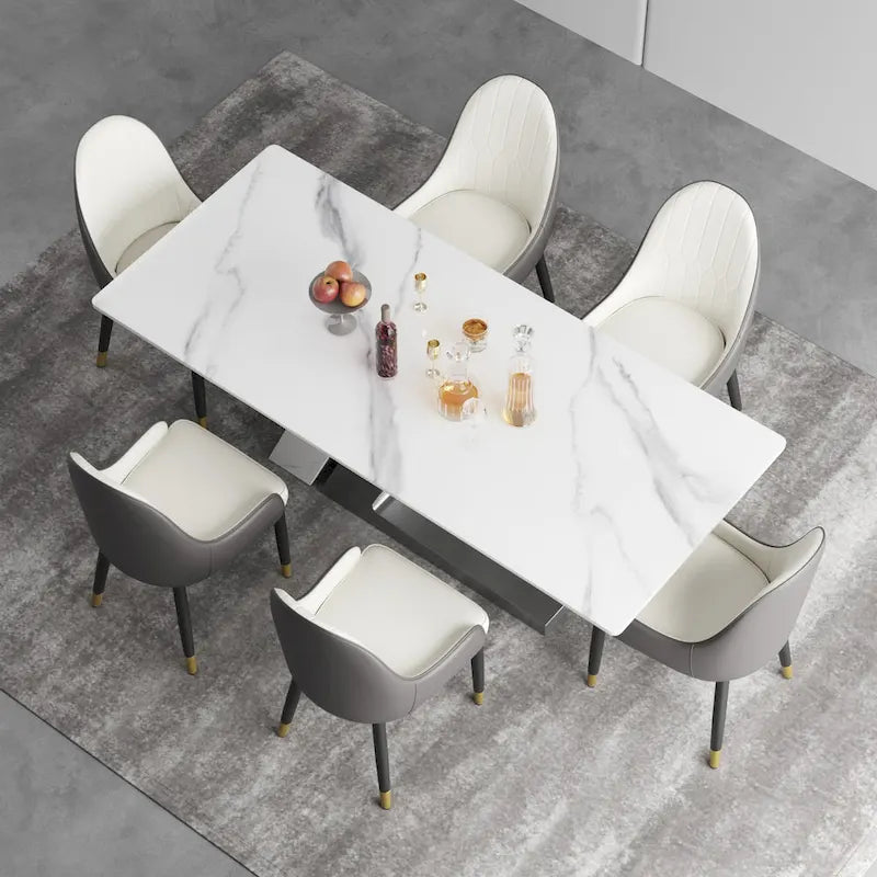 Rectangular Sintered Stone Dining Table with V-Shape Metal Base in White Available in 63 71 and 79 Inch
