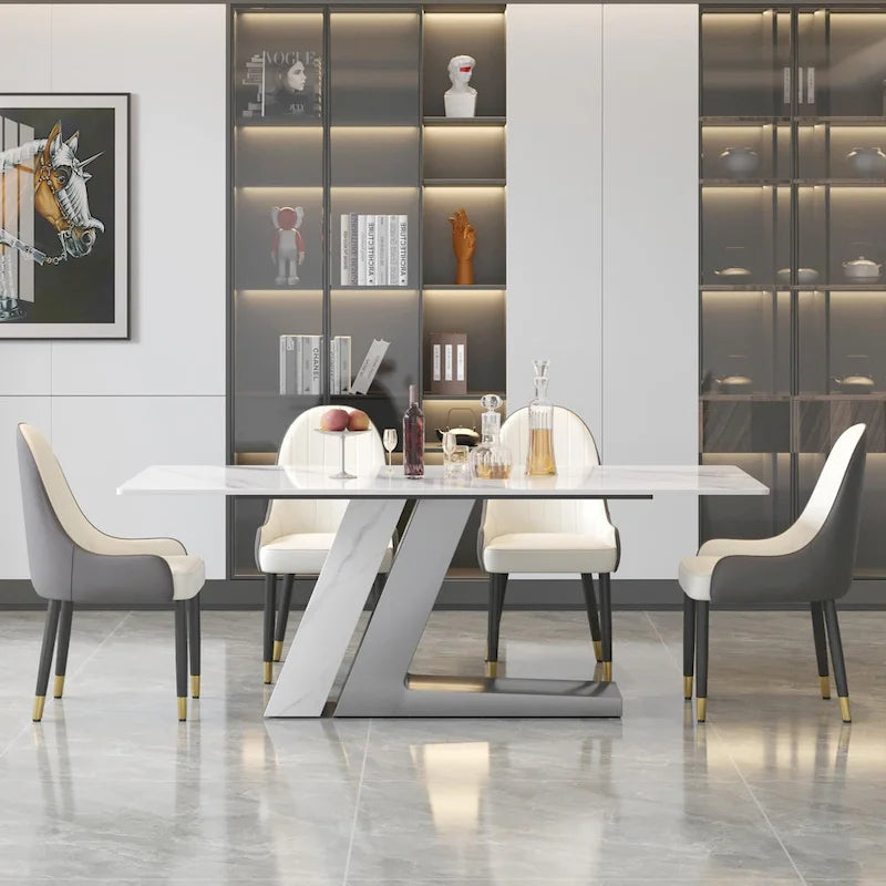 Rectangular Sintered Stone Dining Table with V-Shape Metal Base in White Available in 63 71 and 79 Inch