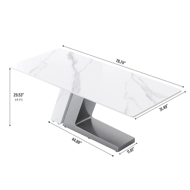 Rectangular Sintered Stone Dining Table with V-Shape Metal Base in White Available in 63 71 and 79 Inch