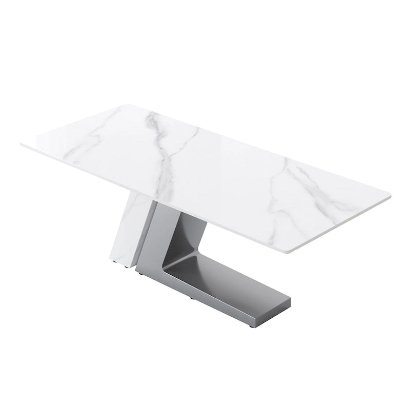 Rectangular Sintered Stone Dining Table with V-Shape Metal Base in White Available in 63 71 and 79 Inch